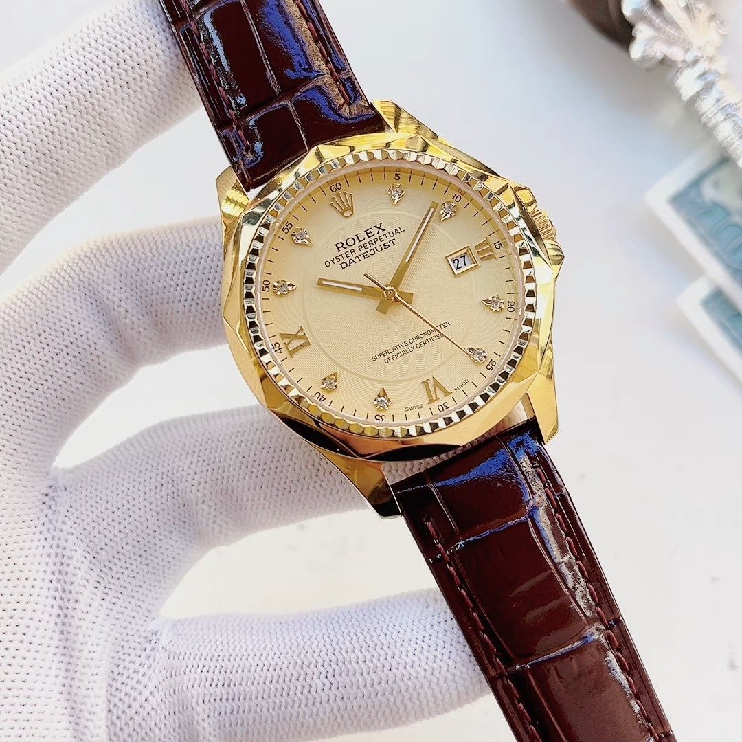 Rolex Cream Dial Brown Strap Watch